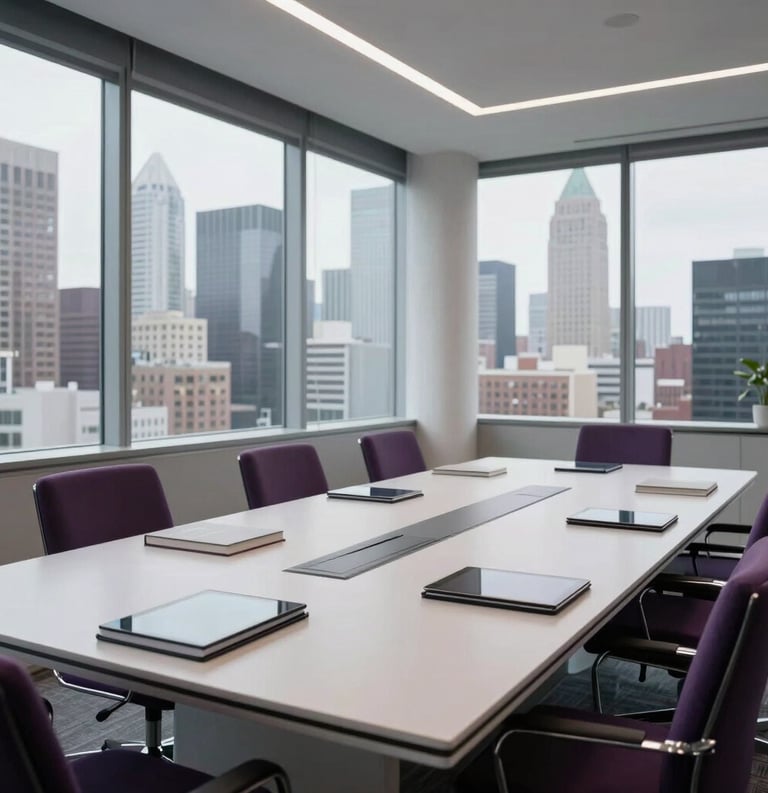 A wide shot of a contemporary boardroom in a North American city. Large windows overlook a skyline. The table holds books and tablets. The palette is white, grey, and deep purple.