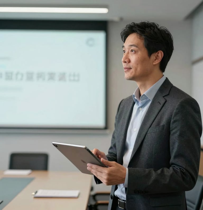 An individual giving a presentation in a sleek North American board room, soft focus background, professional attire, modern digital tablet in hand, inspiring and confident mood.