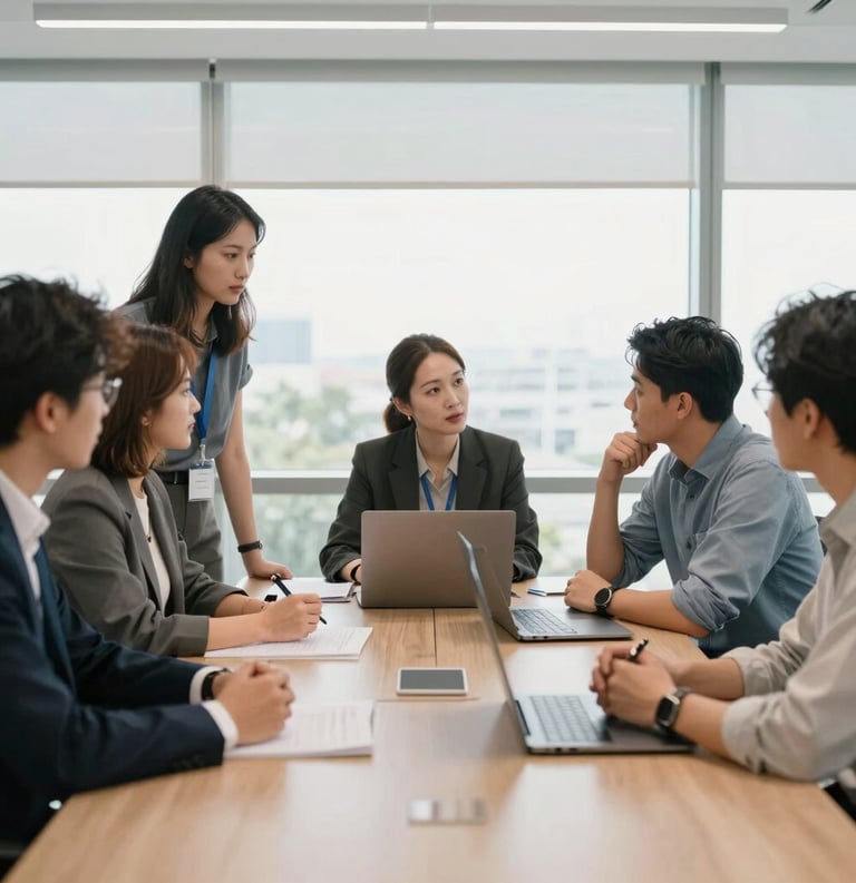 A collaborative professional workshop in a bright North American office, group members in business casual attire engaging in a strategy session, natural lighting, modern corporate aesthetic.