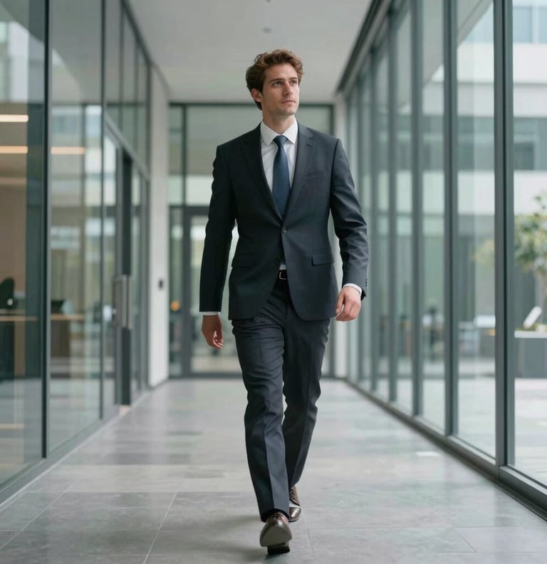 A professional walking confidently through a glass-walled hallway of a modern North American corporate building, architectural depth, sharp focus, professional and empowering atmosphere.