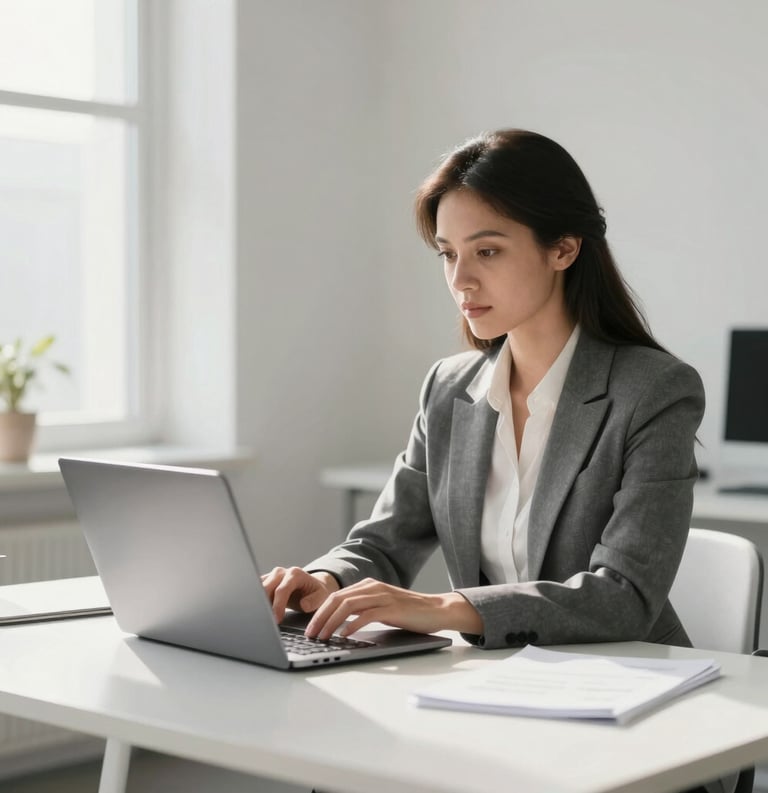 A professional woman working at a minimalist desk in a bright North American office, high-end laptop open, clean morning light, professional and focused atmosphere, white and slate grey color scheme.
