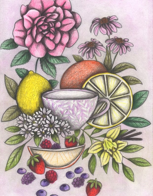 Hand-drawn illustration of a tea cup surrounded by flowers and fruits