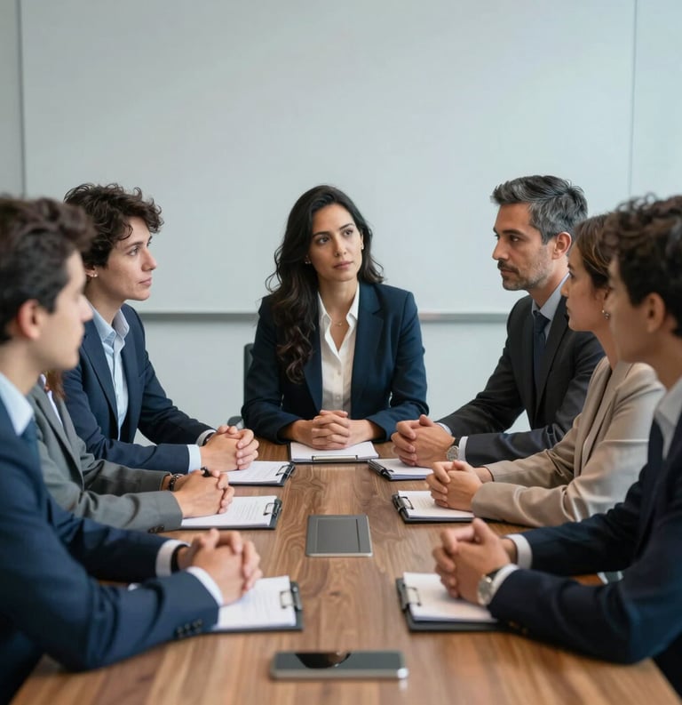 A group of diverse professionals in a boardroom engaged in a serious but respectful mediation session, focused composition, natural light, dark blue and light blue accents, Global / Spanish-speaking.