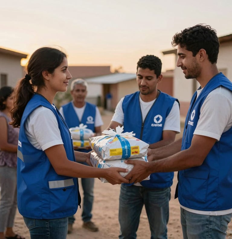 A group of aid workers in professional vests handing out essential parcels to families in an outdoor community setting, warm sunset lighting, steel blue and off-white attire, Global / Spanish-speaking.