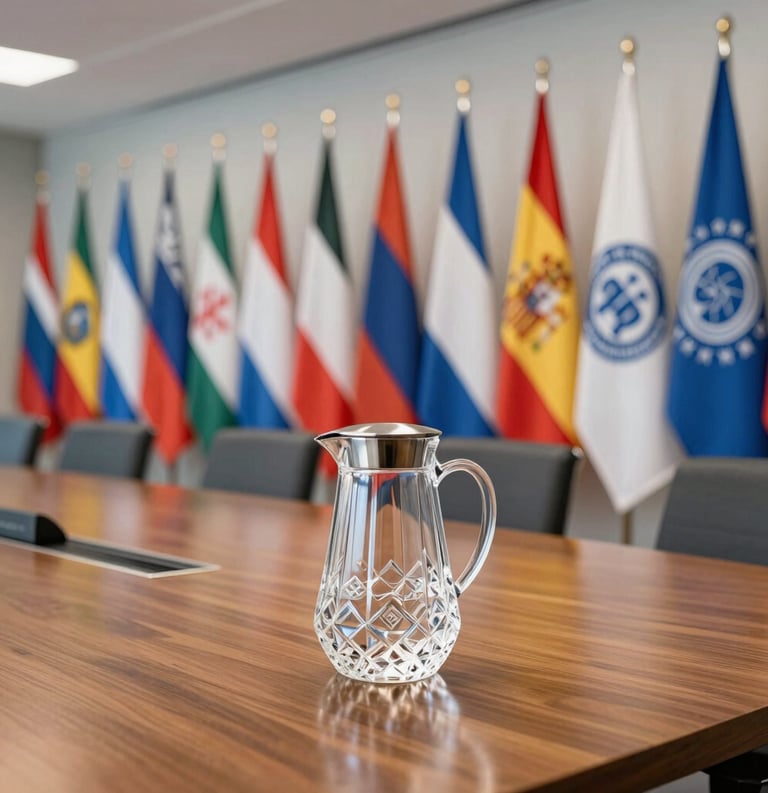 A formal and modern conference room with international flags in the background, a crystal water pitcher on a polished wooden table, professional atmosphere, steel blue and off-white colors, Global / Spanish-speaking.