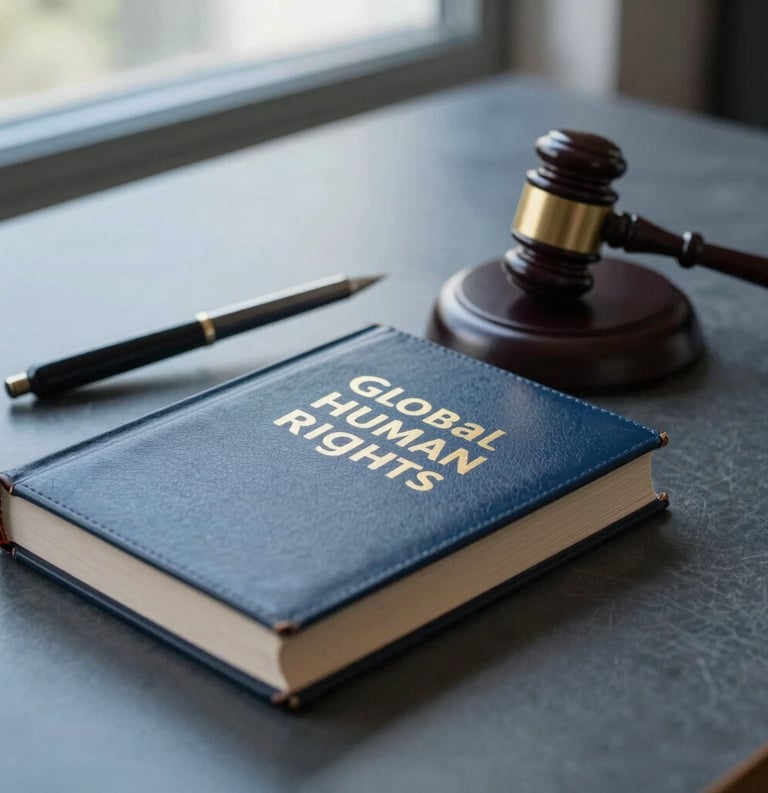 A professional desk featuring a gavel and a leather-bound book on human rights, soft natural lighting from a nearby window, dark blue and gray blue tones, Global / Spanish-speaking setting.