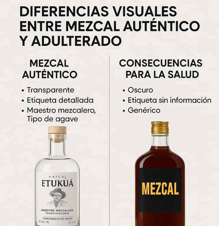 Comparación entre mezcal auténtico transparente y mezcal adulterado oscuro