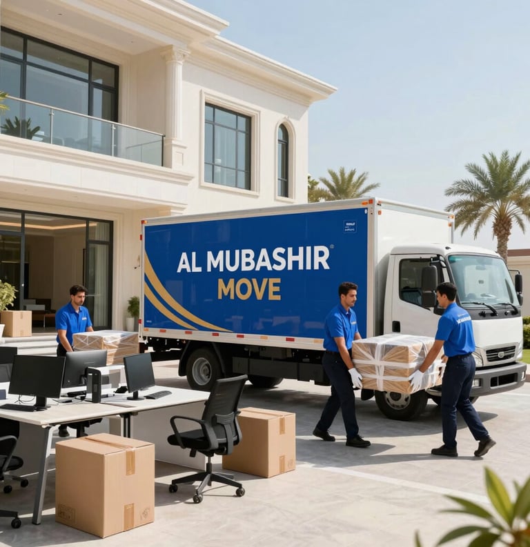 Ultra-realistic professional image of "AL MUBASHIR MOVE" team handling an office relocation. Movers 
