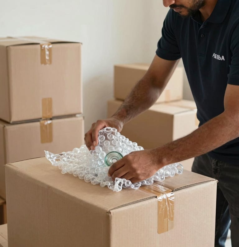 A trained packing specialist carefully placing bubble-wrapped glassware into heavy-duty moving boxes inside an apartment in Abu Dhabi, UAE, professional move care context.