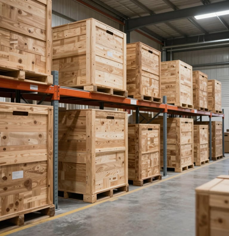 Modern, air-conditioned storage warehouse facility in Abu Dhabi, UAE with organized stacked wooden crates and clean aisles, high quality commercial photography.