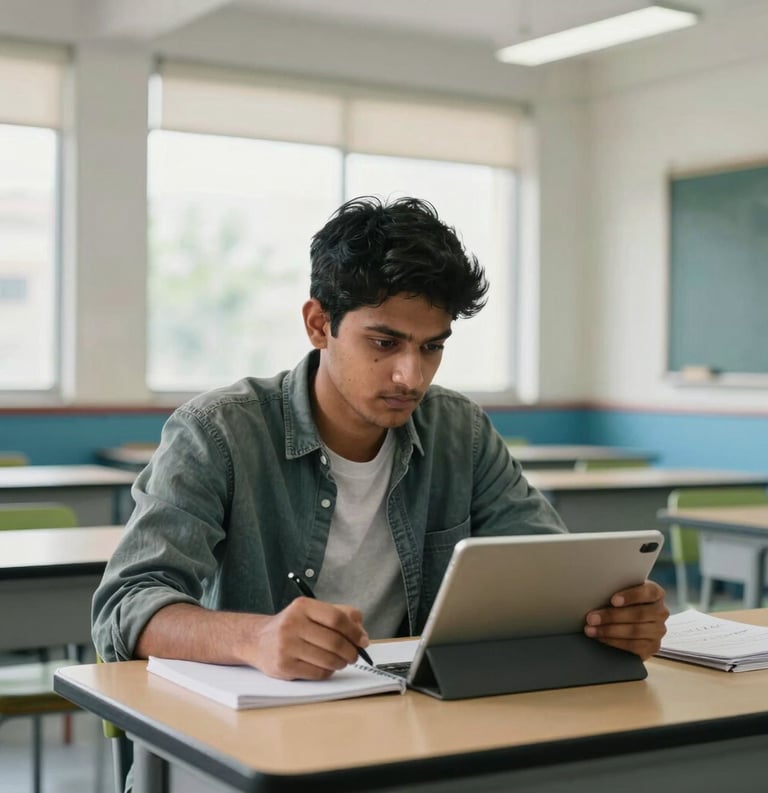 A focused South Asian student in a bright, modern classroom using a tablet and notebook for JEE preparation. The room has large windows and blue and green accents on the furniture.