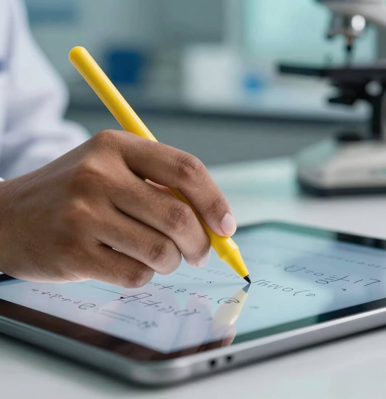 A close-up photograph of a South Asian student's hand using a yellow stylus on a tablet to solve a complex physics equation. The background is a soft-focus professional laboratory setting with blue and green lighting highlights.