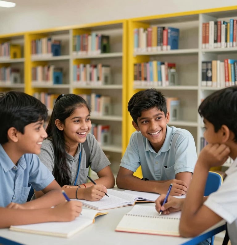 A group of young South Asian middle-school students laughing and studying together in a brightly lit school library with yellow and white shelves.