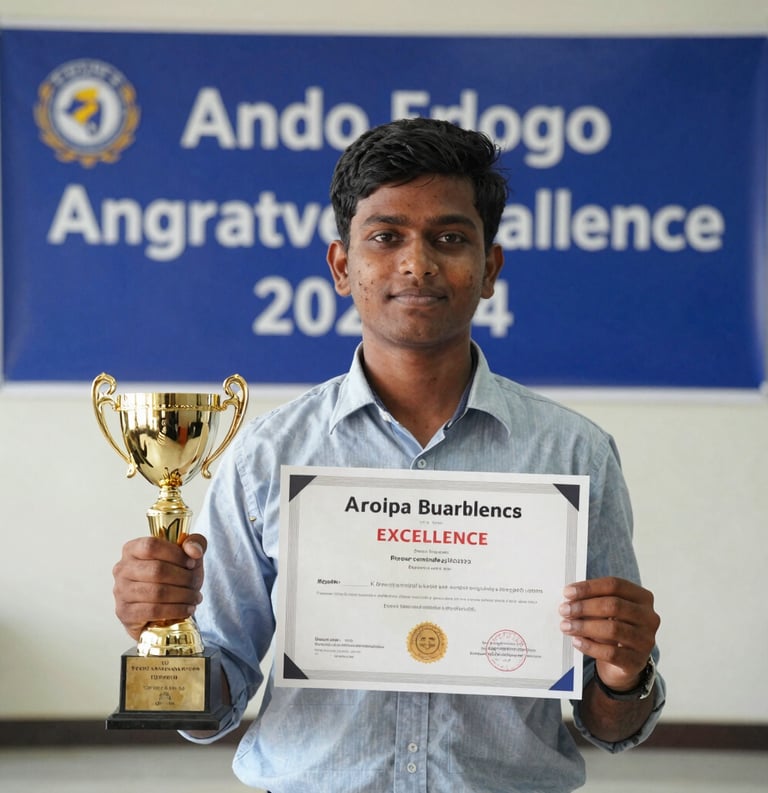 A South Asian student proudly holding a trophy and certificate in front of a blue school banner, highlighting academic excellence and success in a clean, professional setting.