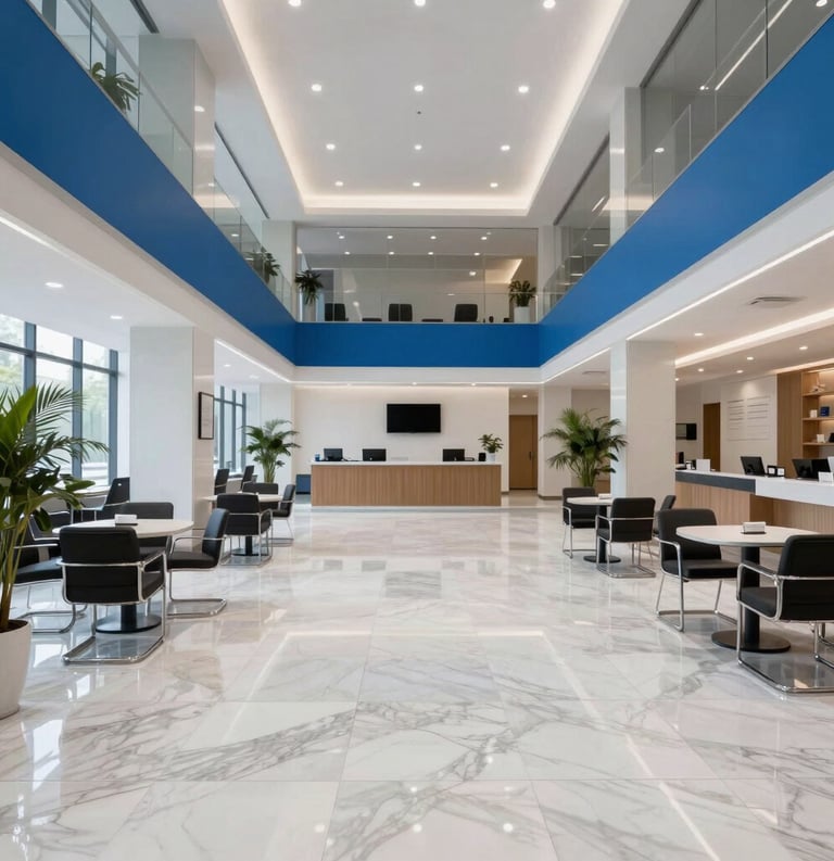 A wide-angle shot of a modern Indian coaching institute's sleek lobby with a white marble floor and blue accents on the walls, radiating professionalism and academic focus.