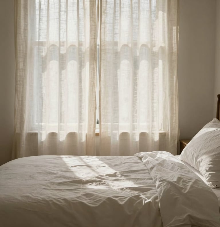 A peaceful North American bedroom scene with premium white linens and a warm, calming ivory light filtering through linen curtains, conveying a sense of restful recovery and nervous system reset.