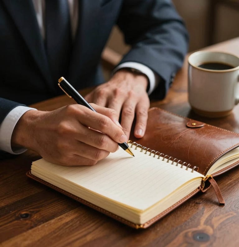 A professional North American setting showing a close-up of a person's hands taking notes in a leather-bound journal next to a ceramic mug on a polished wooden desk, elegant and authoritative atmosphere with gold and brown tones.