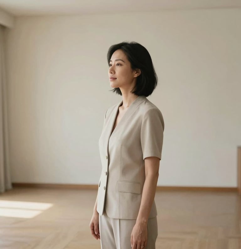 A serene North American portrait of a person in a moment of calm reflection, standing in a spacious room with ivory walls and soft lighting, wearing elegant neutral attire, conveying professional grace and peace.