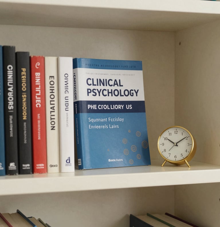 A lifestyle photograph of a professional bookshelf in a North American / US office, featuring clinical psychology journals and a small gold clock, ivory background.