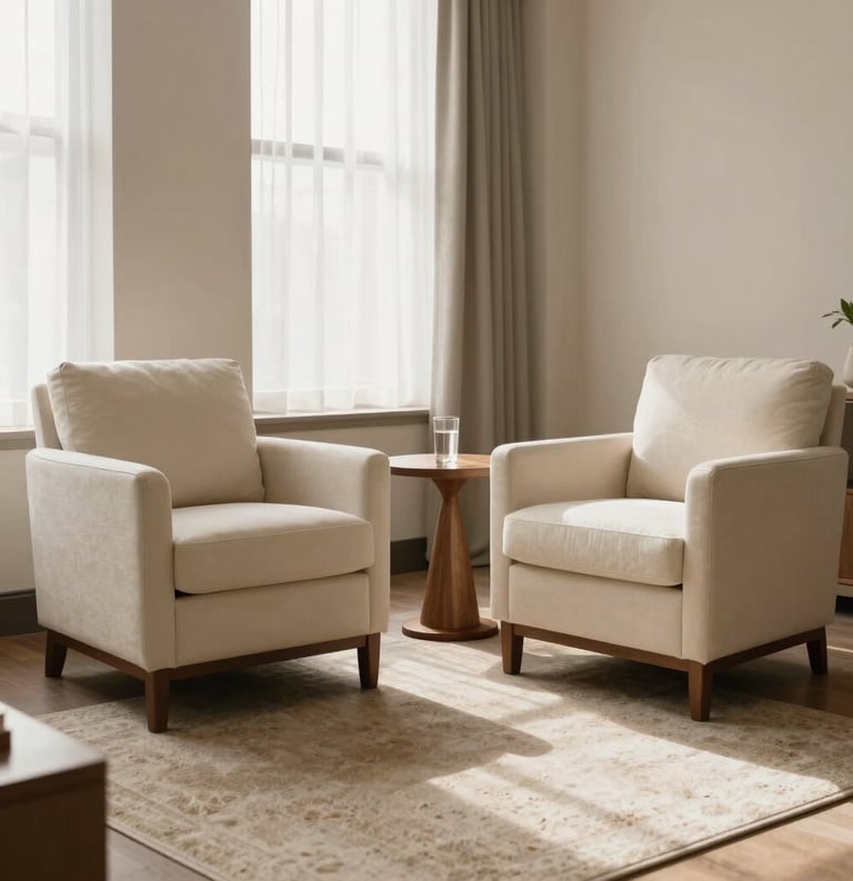 A high-end, serene therapy office in North America with soft natural light, featuring two comfortable upholstered chairs in ivory fabric, a small wooden side table with a glass of water, and a neutral-toned rug, tan and ivory color palette.