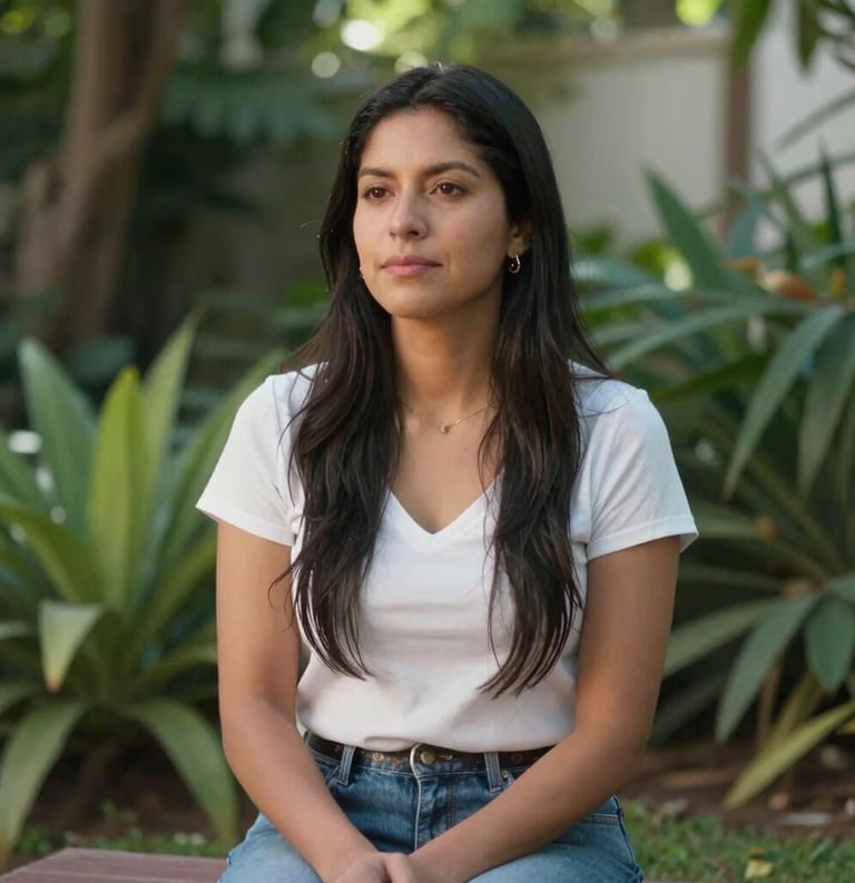 Photography of a Latin American woman sitting peacefully in a sunlit garden, reflecting a state of plenitude and balance, soft focus on green foliage in the background.