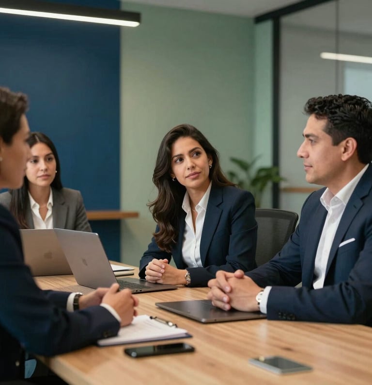 Photography of a group of Latin American business professionals engaged in a strategic meeting within a modern office, warm lighting, deep blue and sage green elements in the environment.