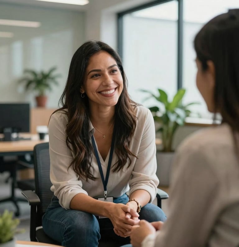 Photography of a Latin American female mentor smiling warmly during a coaching session, light-filled modern office with plants, atmosphere of trust and support.