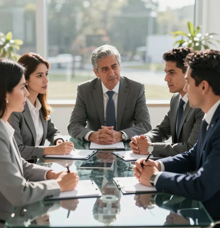 A professional business meeting in progress with Latin American men and women discussing strategy around a glass table, natural sunlight.
