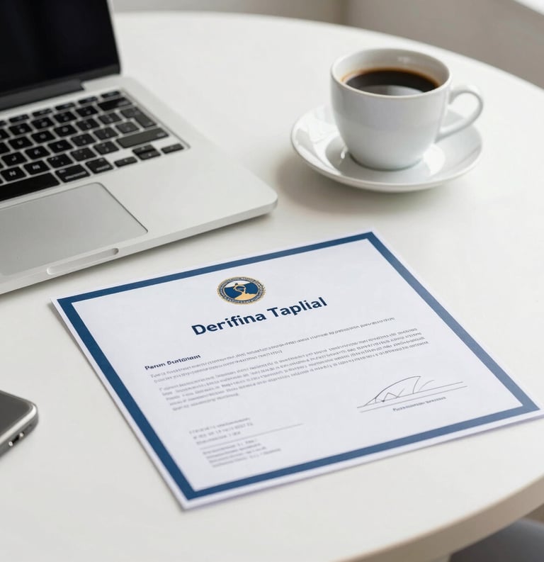 Photography of a professional certification document lying on a clean white desk next to a laptop and a cup of coffee, Latin American office setting, bright and inspiring natural light.