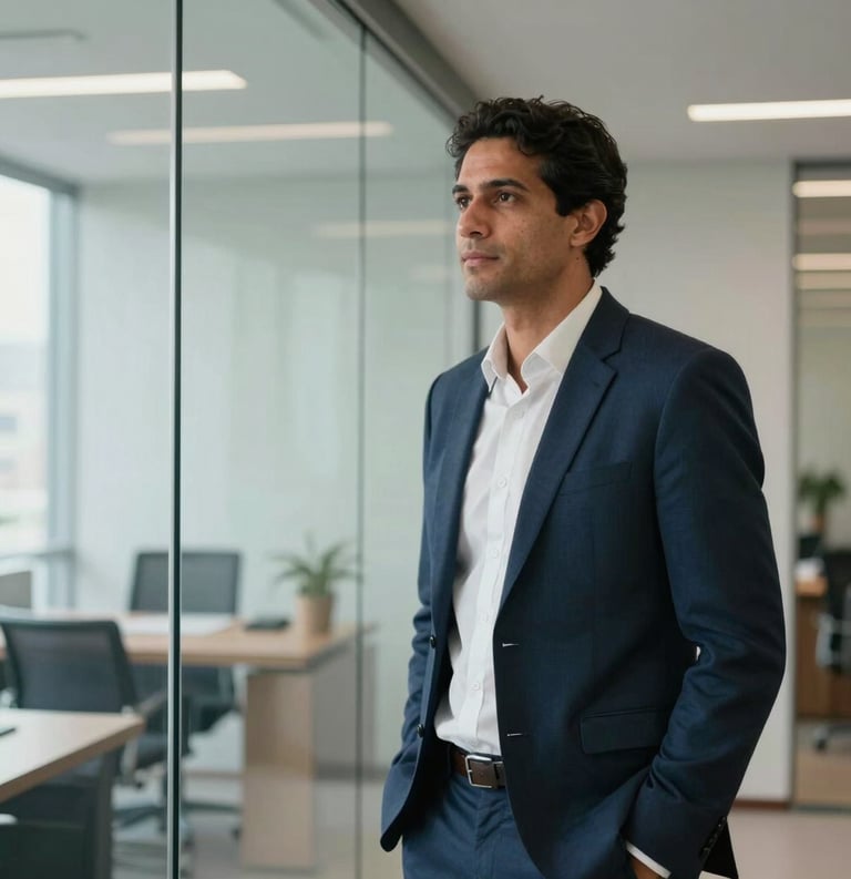 Professional photography of a South American businessman in a light-filled modern office in São Paulo, standing by a glass wall, corporate attire, confident expression, natural soft lighting, steel blue and white tones.