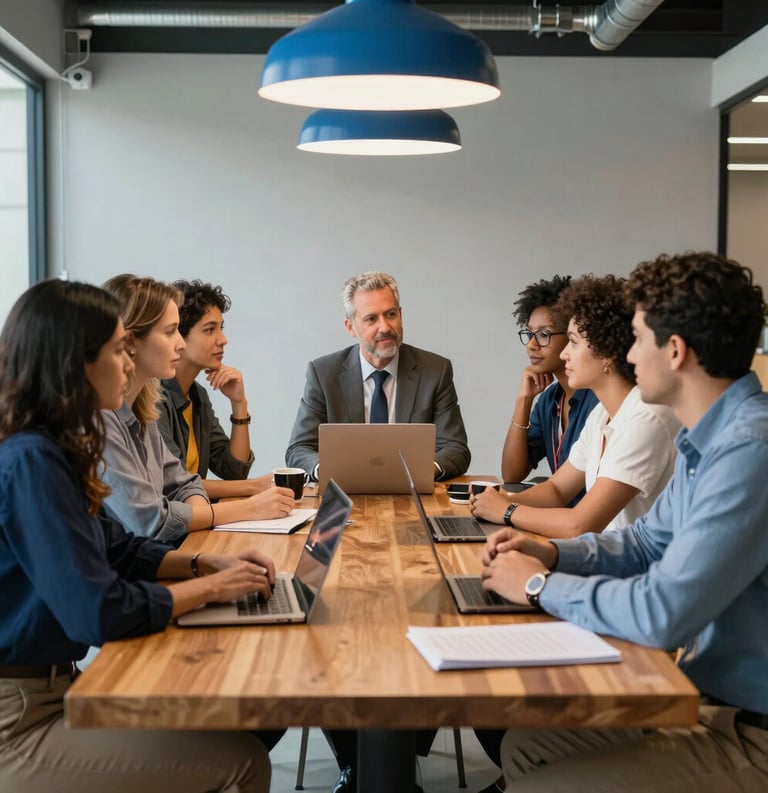 Photography of a diverse group of South American professionals in a collaborative meeting around a wooden table in a modern Brazilian workspace, vibrant atmosphere, steel blue and light grey accents.