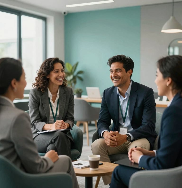 A group of diverse South American professionals in business attire laughing together in a bright office lounge, sea green and gray decorative elements, soft daylight.
