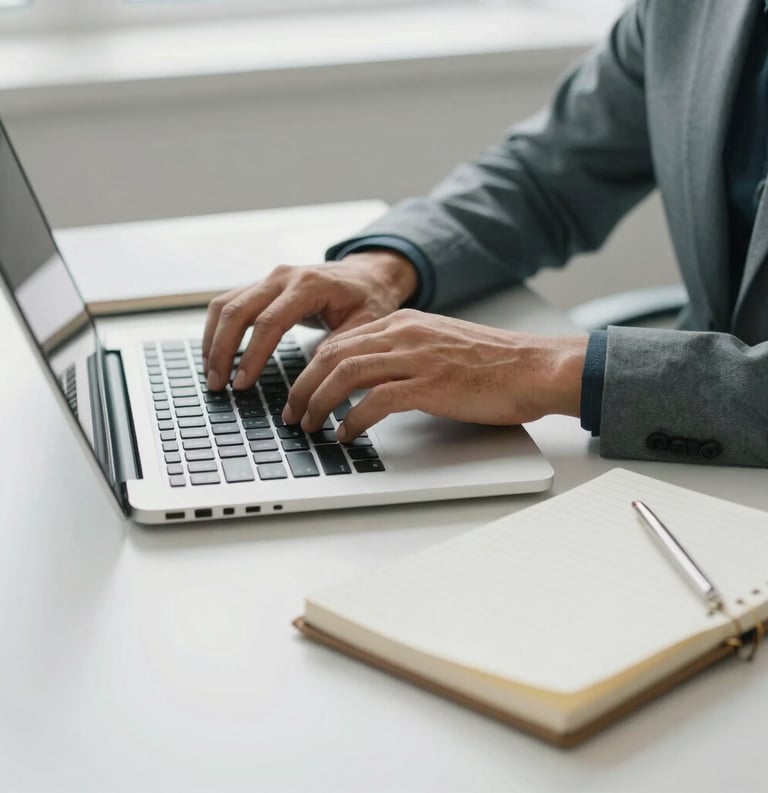 Photography focusing on a professional's hands using a laptop and a notebook in a clean, minimal Brazilian office environment, bright morning light, professional and organized mood, greyish teal and white colors.