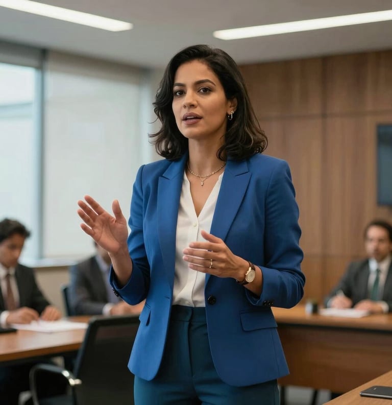 A South American female speaker presenting with confidence in a modern Brazilian conference room, wearing professional attire, expressive gestures, soft office lighting, colors of steel blue and dark teal.