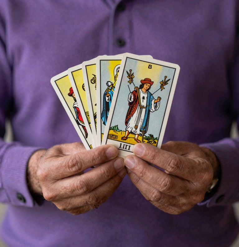 Focus on two hands holding a tarot deck with mystical symbols, soft thistle-colored lighting, South American professional setting.