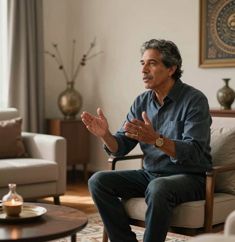 A sophisticated South American / Brazilian spiritual advisor in an elegant and discrete consultation room. The advisor is gesturing warmly, conveying empathy and professionalism. The room is decorated with subtle mystical elements and high-end furniture, illuminated by soft morning light.