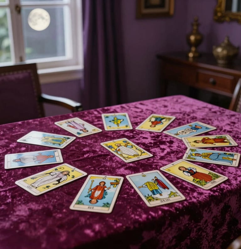 Photography of a professional tarot spread on a magenta velvet cloth in a South American / Brazilian apartment. The setting is elegant and quiet, with soft moonlight filtering through the window, creating a mistic and welcoming atmosphere in shades of lavender and dark purple.