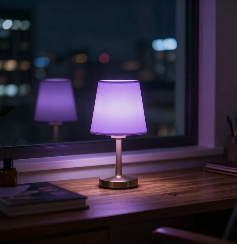 A serene and atmospheric photograph of a South American / Brazilian interior at night. A small, elegant lamp casts a soft lavender glow onto a wooden desk, symbolizing constant availability and care. The background shows a dimly lit urban view through a window, conveying a 24-hour commitment.