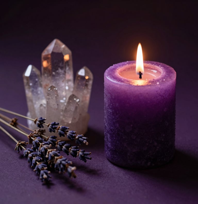 A close-up professional photograph of a mystical ritual setting in a South American / Brazilian space. A thistle-colored candle burns softly next to a cluster of crystals and dried lavender. The lighting is warm and atmospheric, with deep plum shadows and a sophisticated, serene mood.