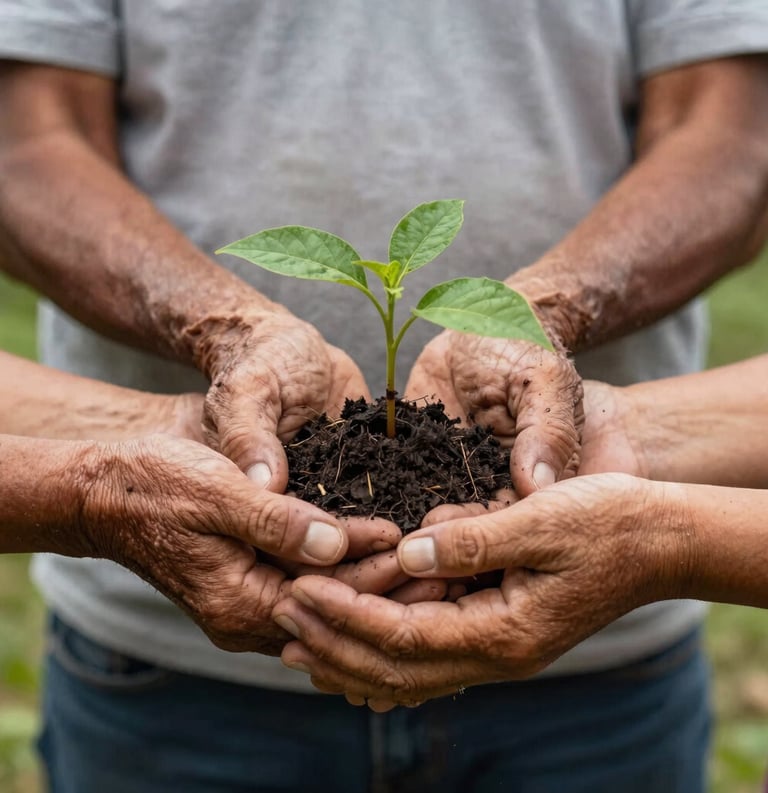 Photography of elderly hands and younger hands holding a small seedling together, South American / Colombian rural setting, soft natural light, symbolizing community.