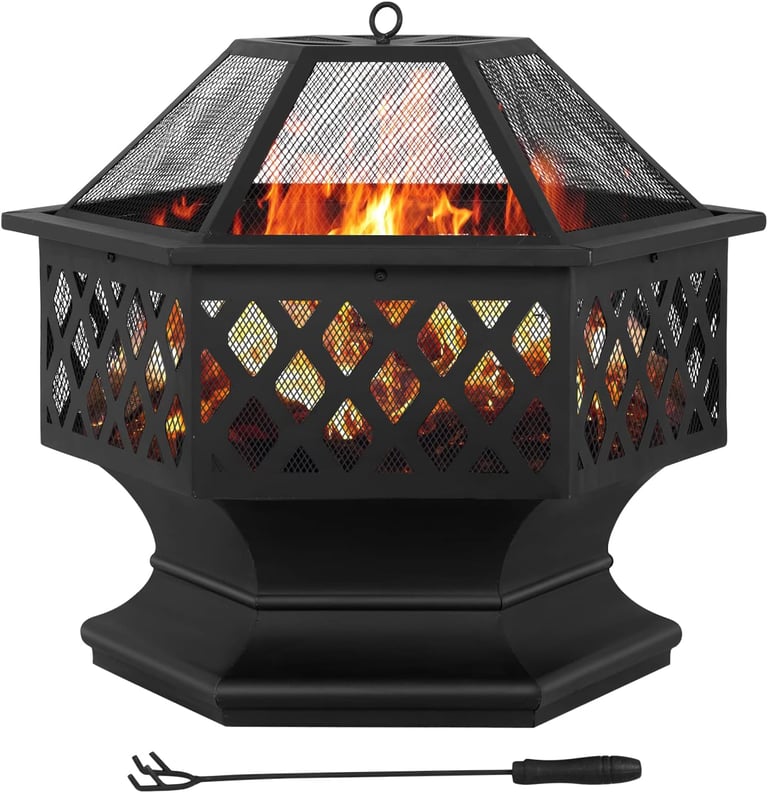 Hexagonal black metal wood burning fire pit with a mesh spark screen and burning logs for outdoor patio heating.