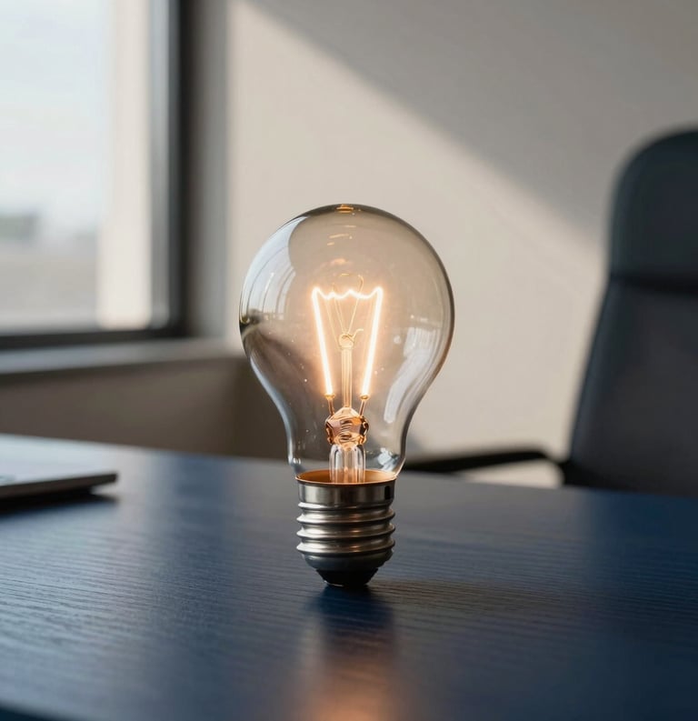 A glowing incandescent light bulb standing on a blue office desk symbolizing a bright idea. 