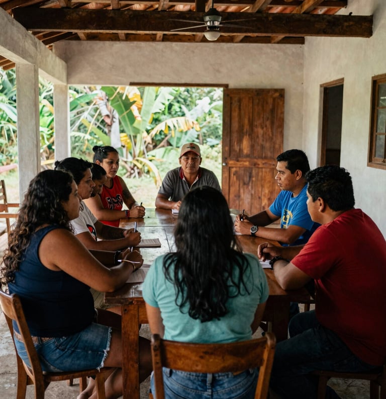 A crisp South American / Brazilian Amazonian documentary photograph of a cultural management workshop. Art leaders gather around a table in an airy community center in Santa Bárbara do Pará, high contrast lighting.