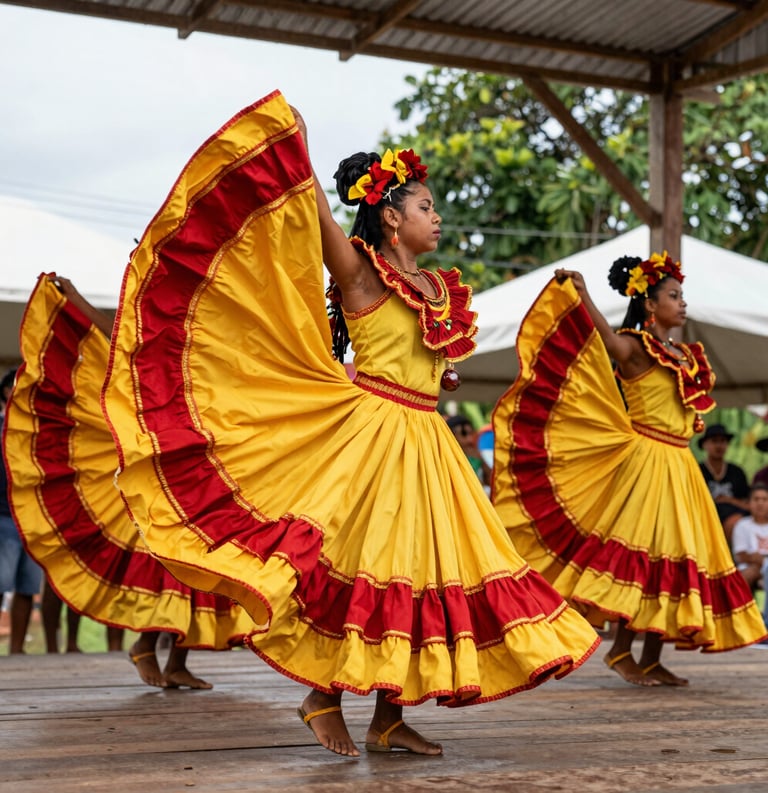 A vibrant outdoor photograph of South American / Brazilian Amazonian dancers in spectacular traditional costumes performing on a wooden stage in Santa Bárbara do Pará. Swirling yellow and carmine red fabrics, dynamic movement, daylight.