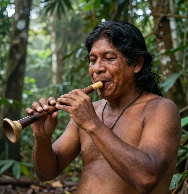 An expressive portrait of a South American / Brazilian Amazonian musician playing a traditional flute with a joyful expression. The background is a lush green forest of Santa Bárbara do Pará with morning sunlight filtering through the canopy.