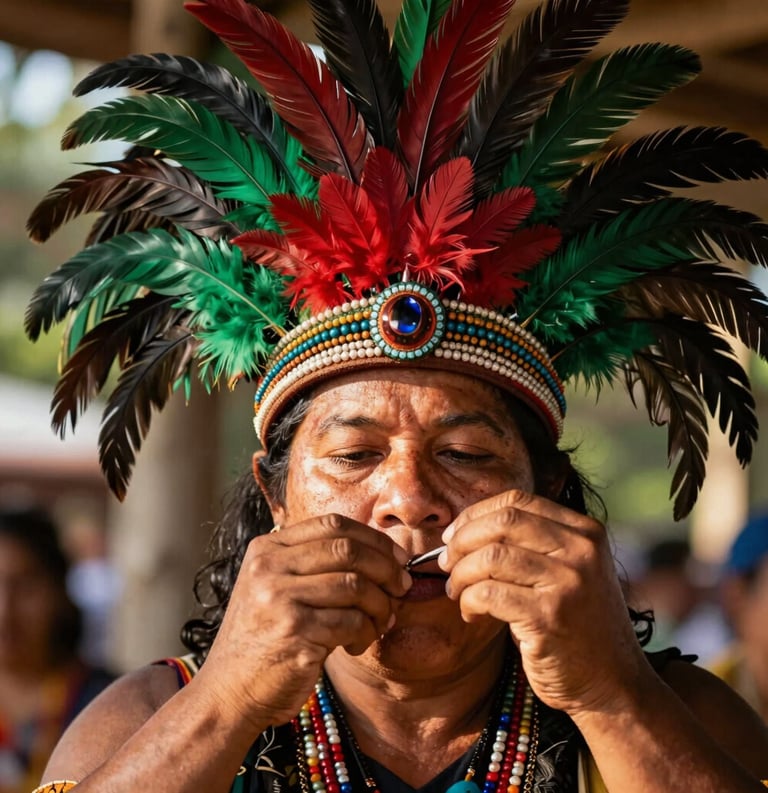 A close-up photograph of a South American / Brazilian Amazonian artisan crafting a traditional colorful carnival headpiece in Santa Bárbara do Pará. Warm natural sunlight illuminates the textured feathers and beads in carmine red and deep forest green. Professional artistic style.