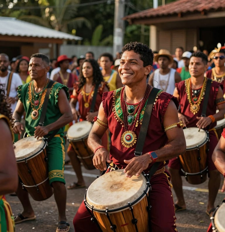 An energetic photograph of a South American / Brazilian Amazonian samba circle in Santa Bárbara do Pará. Musicians with hand drums are smiling, surrounded by a festive crowd. Golden hour lighting, rich carmine red and forest green details in their clothing.