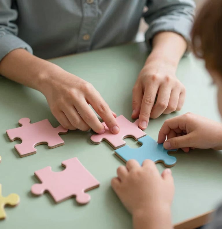 Close up of a pedagogist's and a child's hands working together on a colorful puzzle, soft green and soft pink color palette, Southern European / Italian setting.