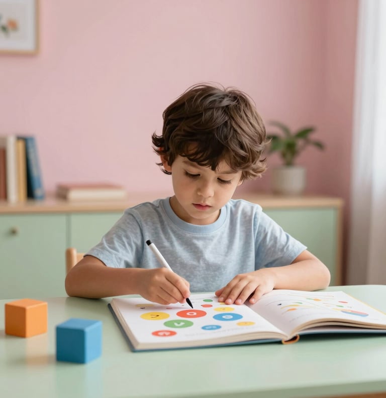 A child focused on colorful educational activities, soft pink and light green surroundings, Southern European / Italian home interior, elegant and calm professional photography.