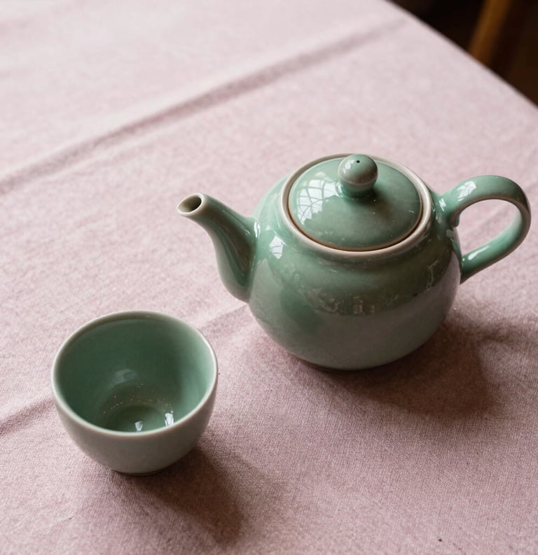 A top-down view of a ceramic teapot and a single sage green cup on a linen tablecloth, soft pearl pink light, Southern European / Italian morning.